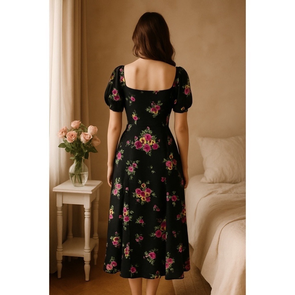 Betsey Johnson Black Floral Puff Sleeve Midi Dress - Picture 7 of 13